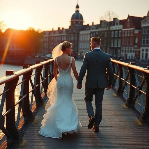 Bruidspaar hand in hand lopend over een brug in Amsterdam