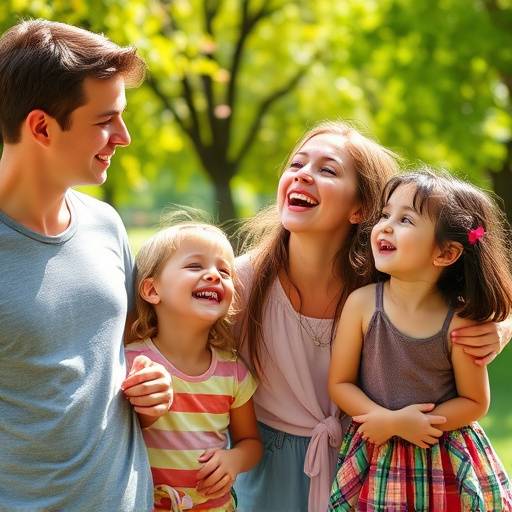 Familieportret met kinderen die lachen in een park