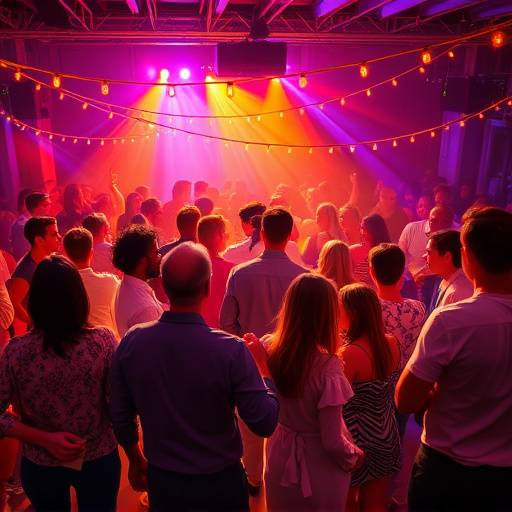 Levendige foto van een bedrijfsevent met dansende mensen en feestverlichting