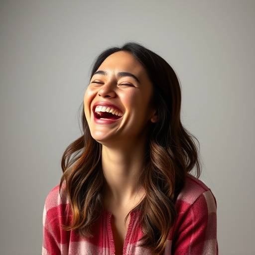 Vrouw lachend tijdens een studio portretsessie